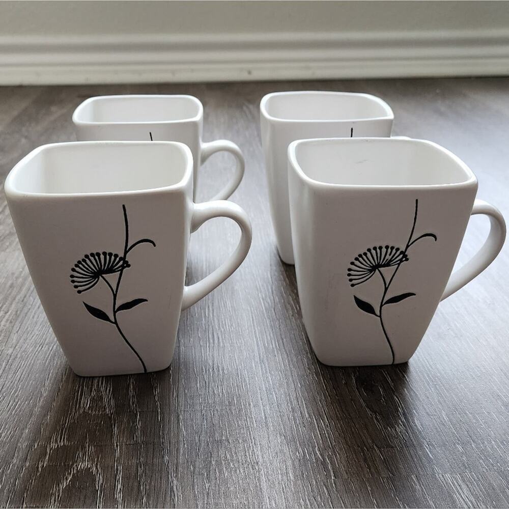 Cuisinart Wildflower Black and White 4 piece Mug‎ Set Lot